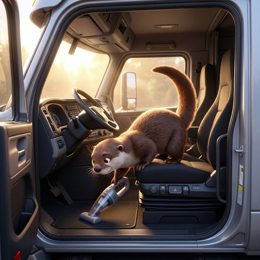 Otto vacuuming the floor of a semi truck cab