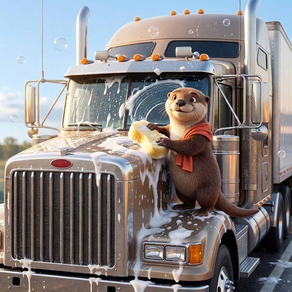 Otto standing on the hood of a semi truck, scrubbing the windshield with a soapy sponge