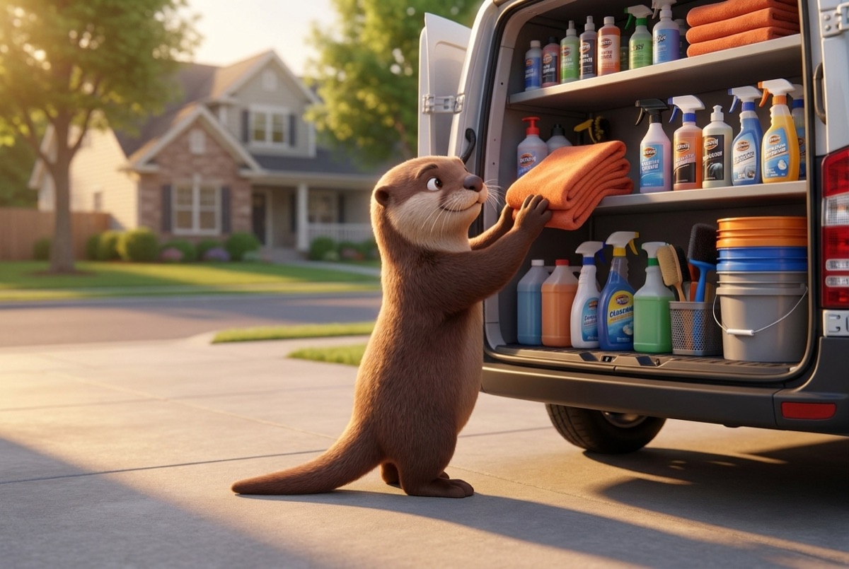 Otto pulling a fresh towel from the fully stocked Otto Mobile Detail van